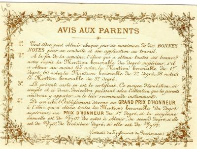 Extrait du réglement du pensionnat. Qui se trouvait au dos de la carte 